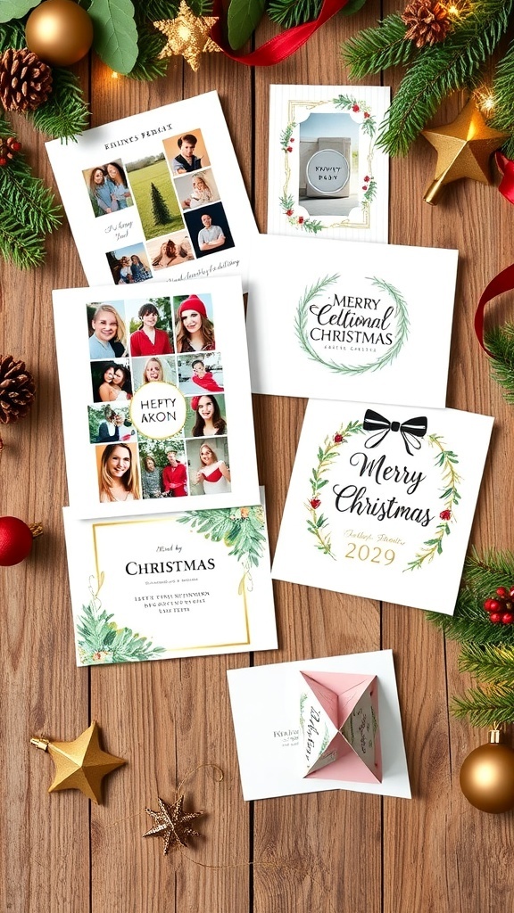 Creative 5x7 Christmas Card Ideas A variety of creative 5x7 Christmas cards on a wooden table with holiday decorations.